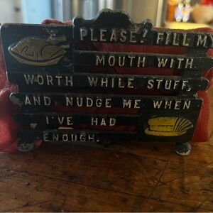Vintage Cast Metal Napkin Holder - 'Please Fill My Mouth with Worthwhile Stuff’